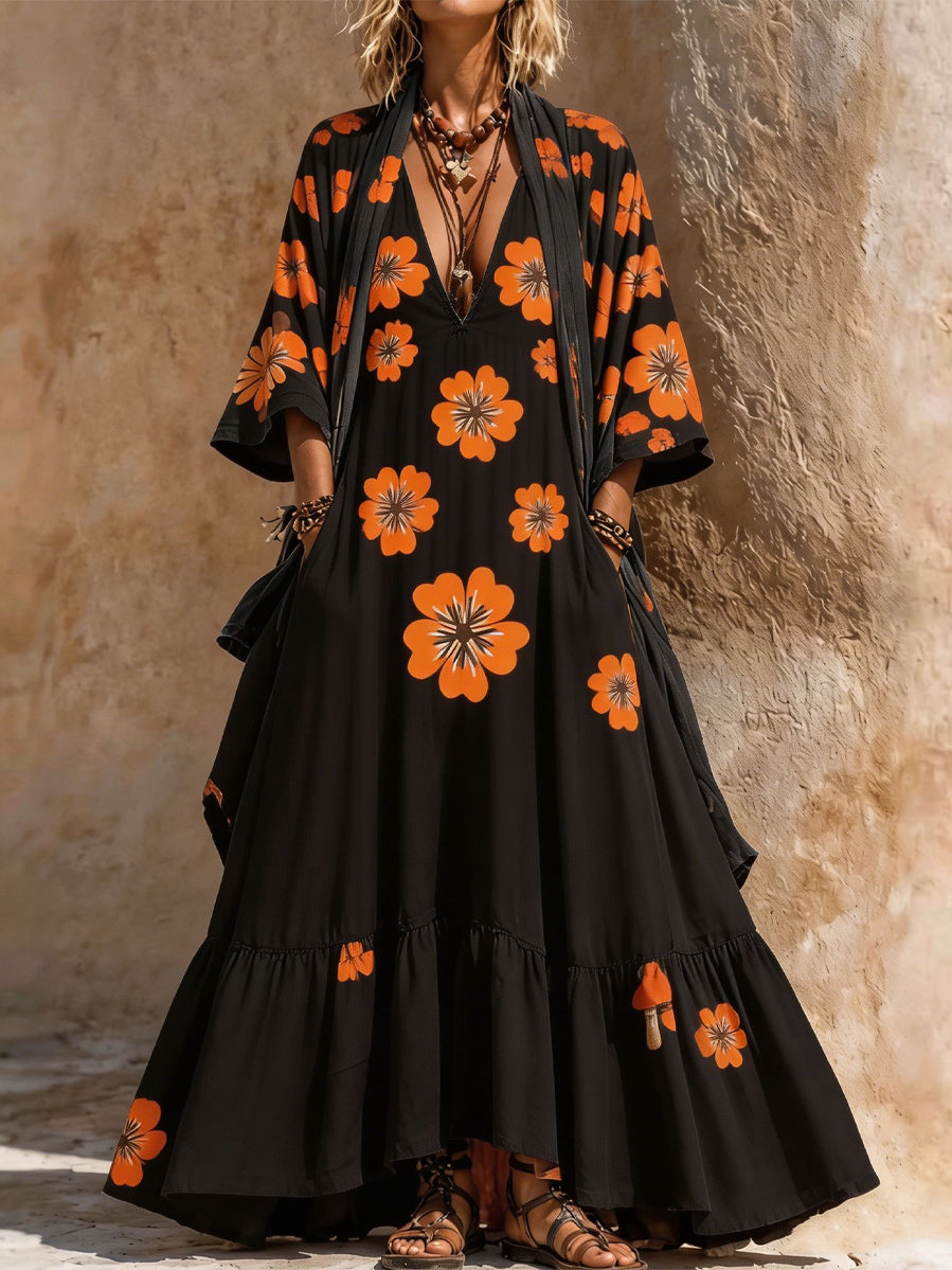Retro Style Art Printed Vintage Camisole Dress Long Sleeve Two-Piece Maxi Dress