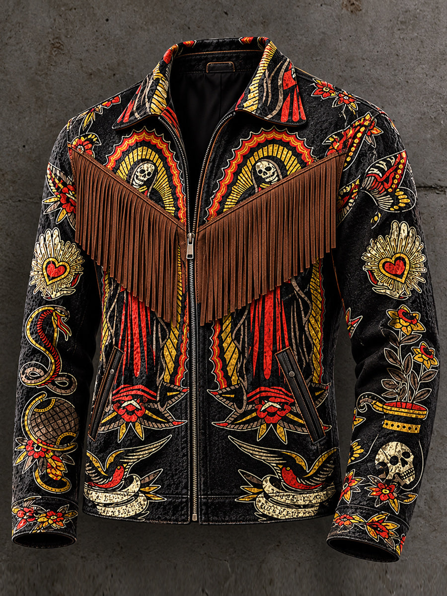Men's Retro Style Art Print Western Vintage Tassel Casual Zipper Jacket
