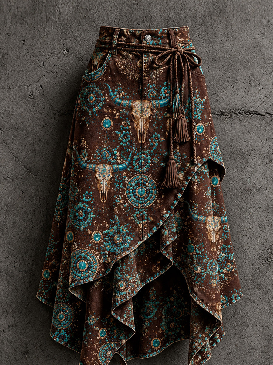 Women's Retro Style Art Print Irregularly Layered Stitched Skirt