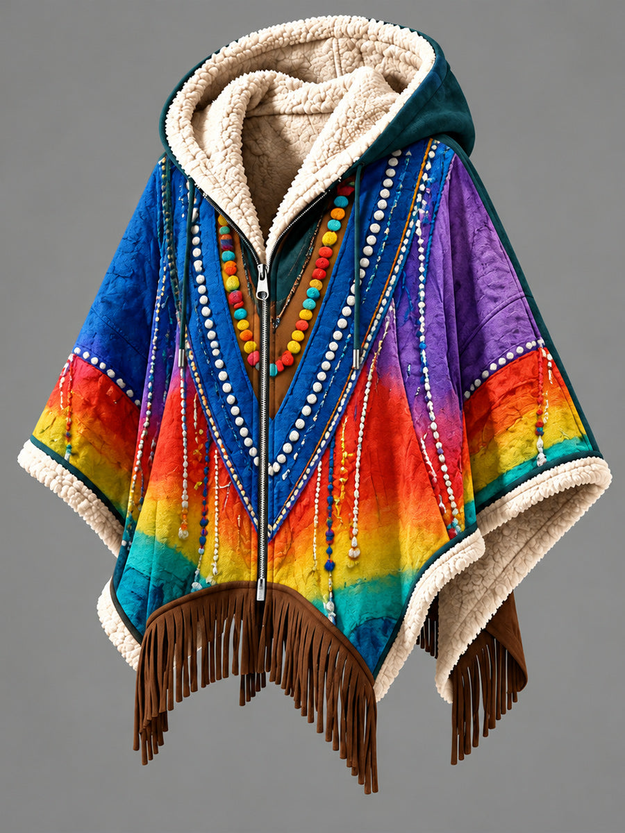 Women's Fall Winter Vintage Art Fleece-Lined Hooded Fringe Poncho