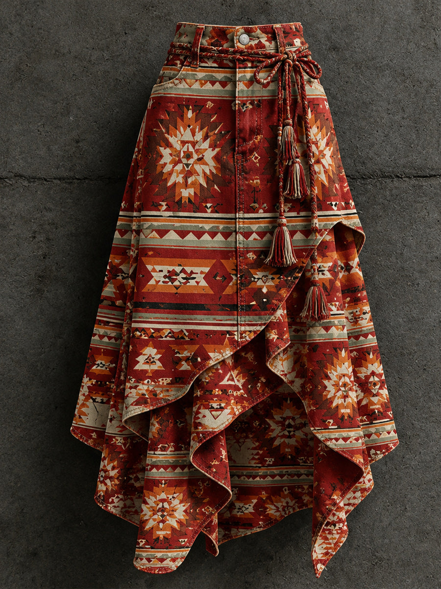 Women's Retro Style Art Print Irregularly Layered Stitched Skirt