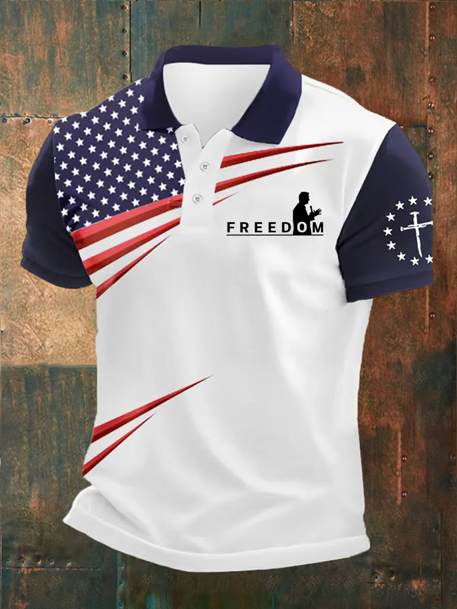 Men's Freedom American Flag Print Retro V-Neck Short Sleeves Polo-Shirt