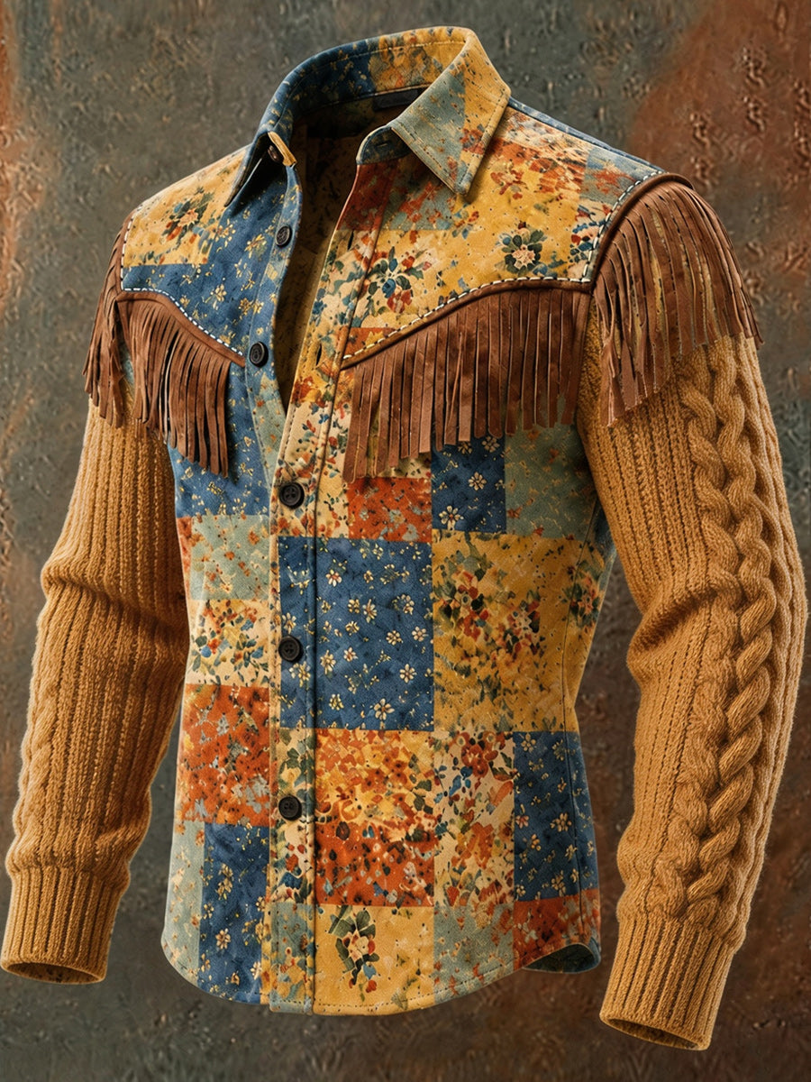 Men's Retro Style Art Print Western Vintage Tassel Casual Long Sleeve Shirt