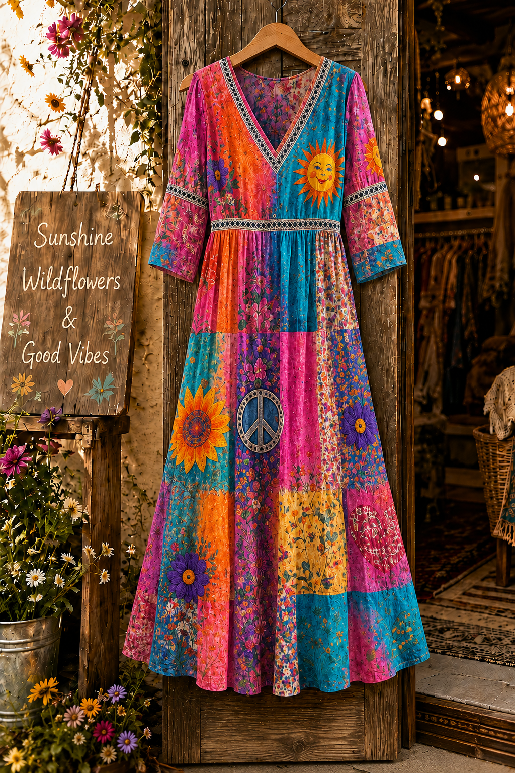 Retro Floral Art Print V-Neck Western Dress