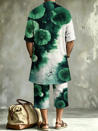Men's Abstract Art Print Casual Henley Collar Short-sleeve Linen Top Shorts Two-piece Set