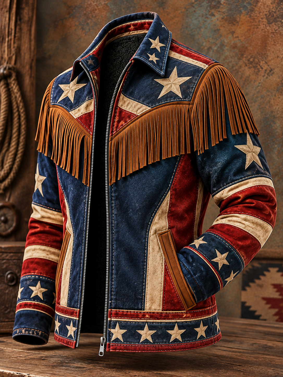 Men's Western Style Art Print Vintage Long Sleeve Fringe Jacket