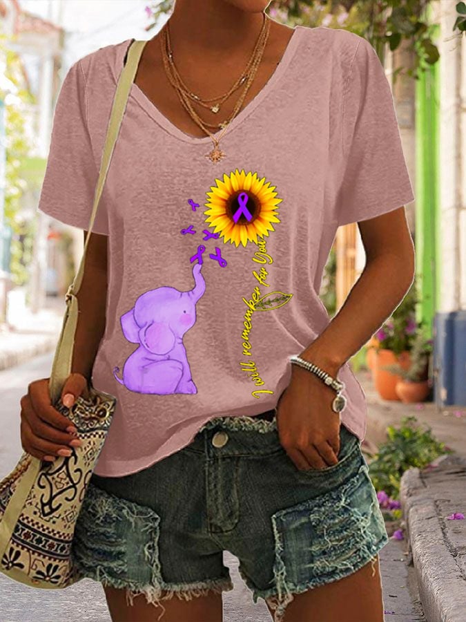 Women's Alzheimer's Sunflower and Elephant Print Short Sleeve T-Shirt
