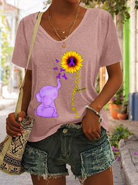 Women's Alzheimer's Sunflower and Elephant Print Short Sleeve T-Shirt