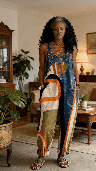 Women’s Fashionable Abstract Stripes Print Casual Denim Denim Patchwork Jumpsuit