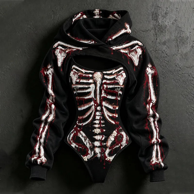 Women's Halloween Blood Stain And Skeleton Print Hoodie Two-piece Set