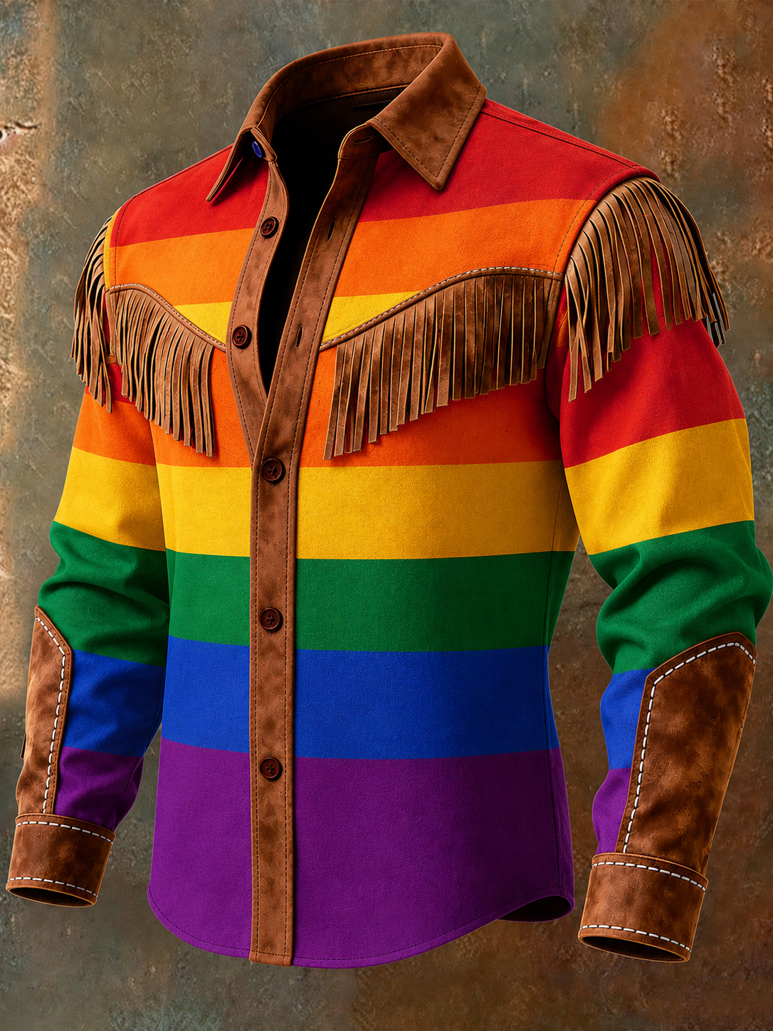 Pride Month Rainbow Art Print Vintage Tassel Casual Long Sleeve Shirt