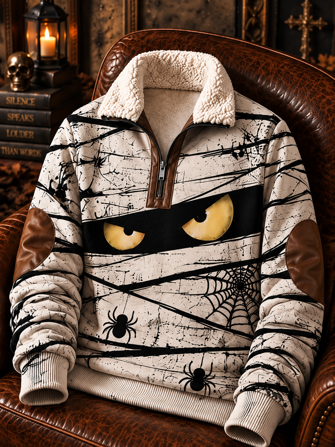 Men's Gothic Art Print Jacquard Fabric Zipper Fur Collar Long Sleeve Sweatshirt