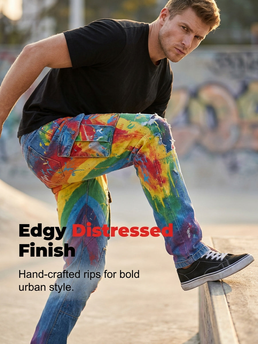 Men's Retro Rainbow Pattern Printed Casual Work Pants