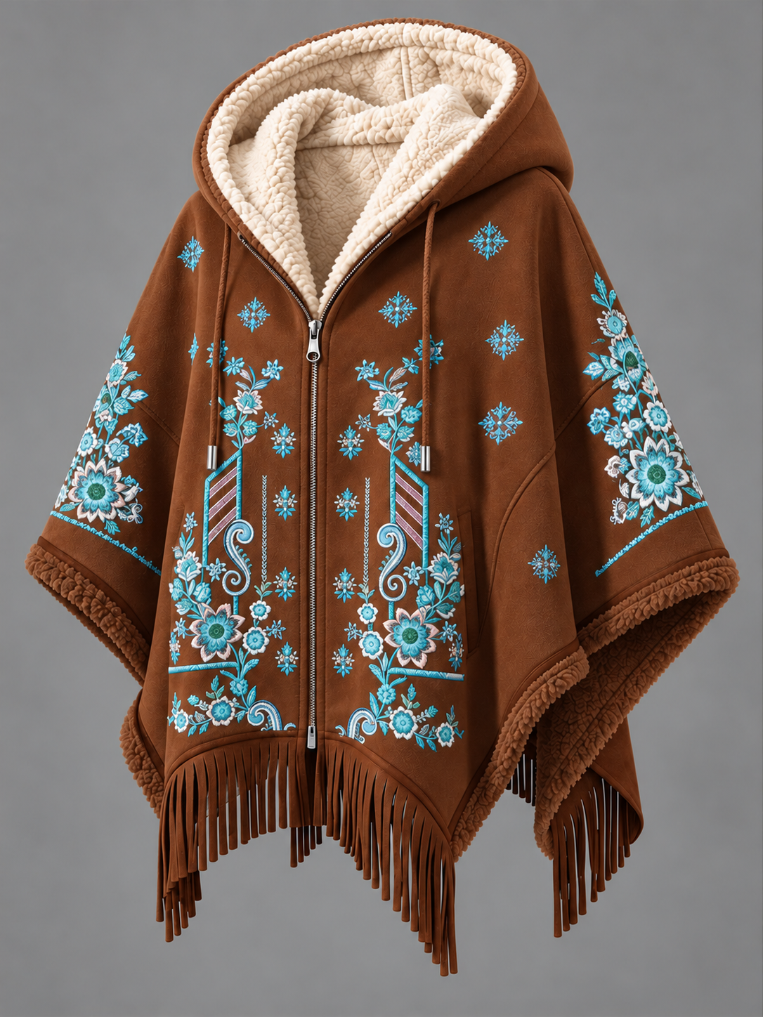 Women's Fall Winter Vintage Art Fleece-Lined Hooded Fringe Poncho