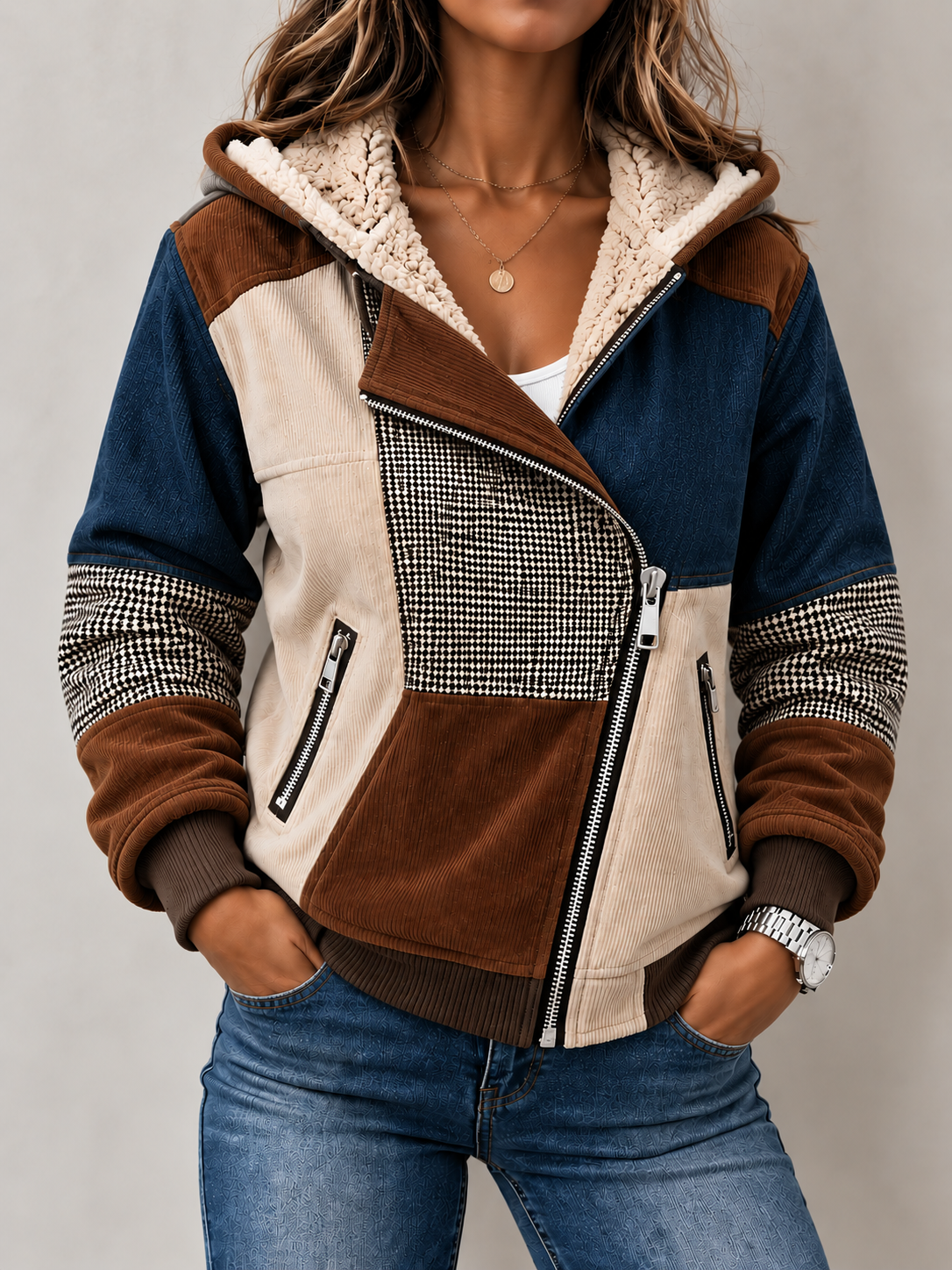 Western Style Color Block Long Sleeve Hoodie Coat