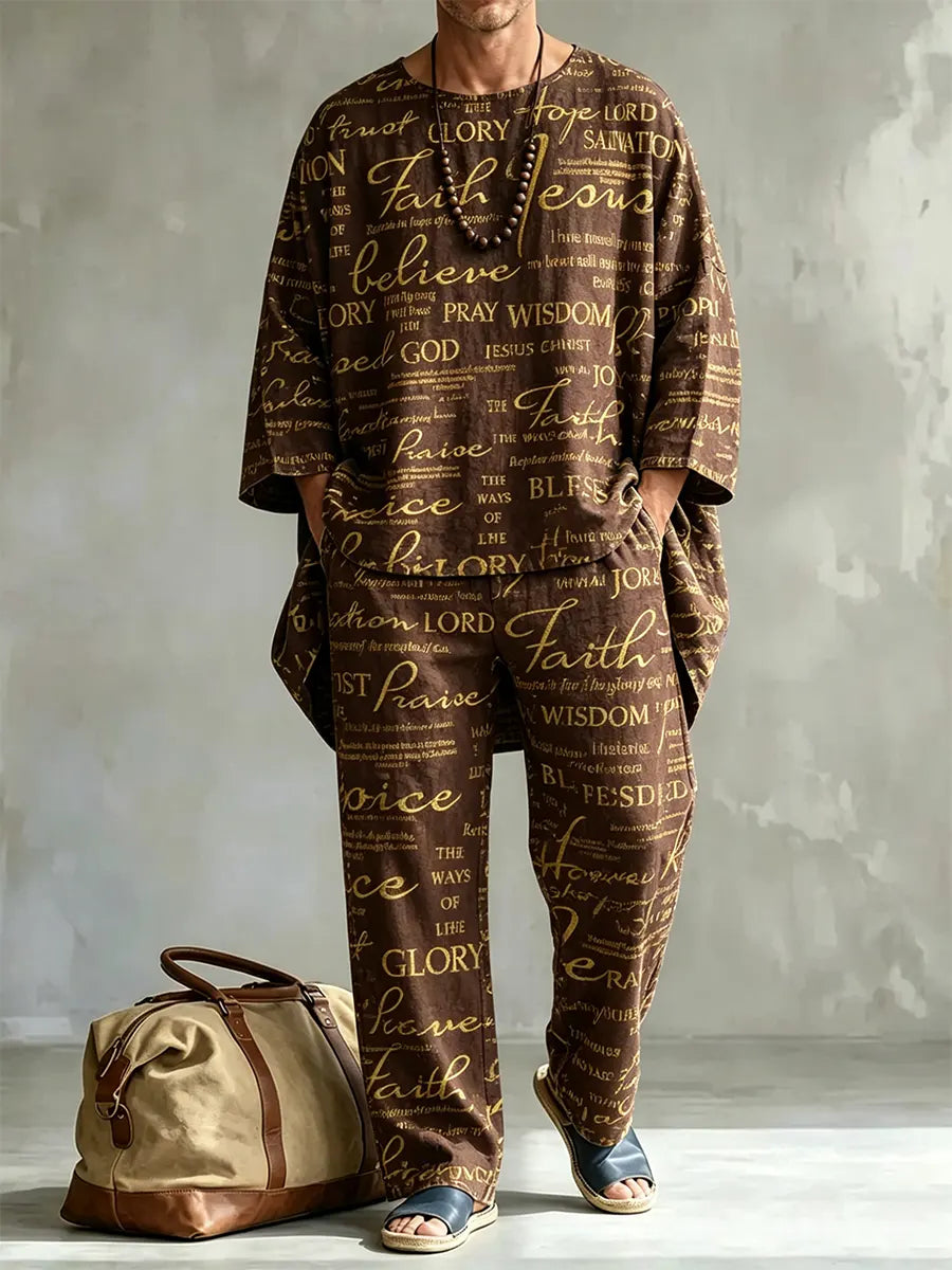 Men's Abstract Art Print Casual Comfort Crew Neck Top And Pants Two-piece Set