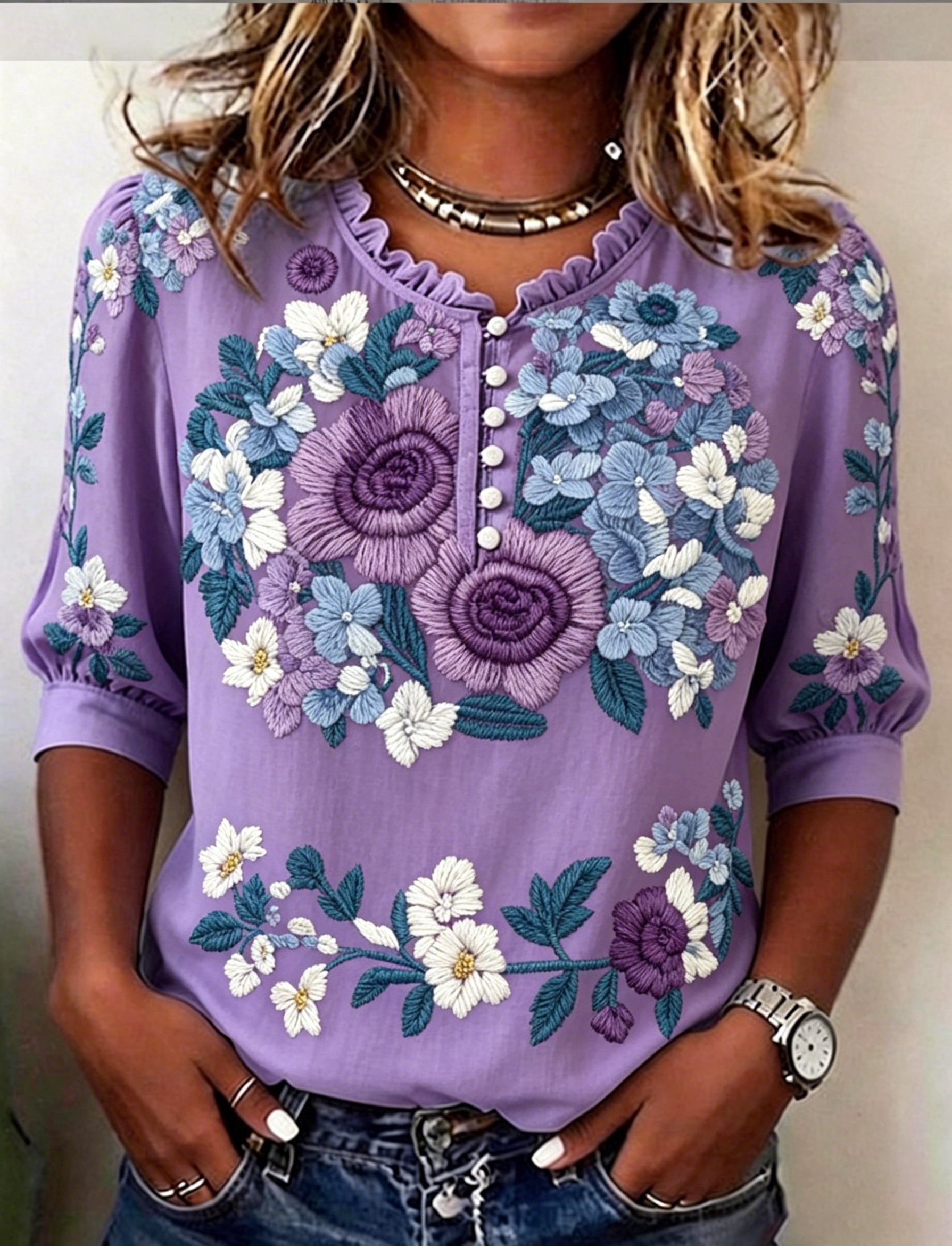 Women's Retro Purple Floral Art Print Casual Ruffle Collar Shirt