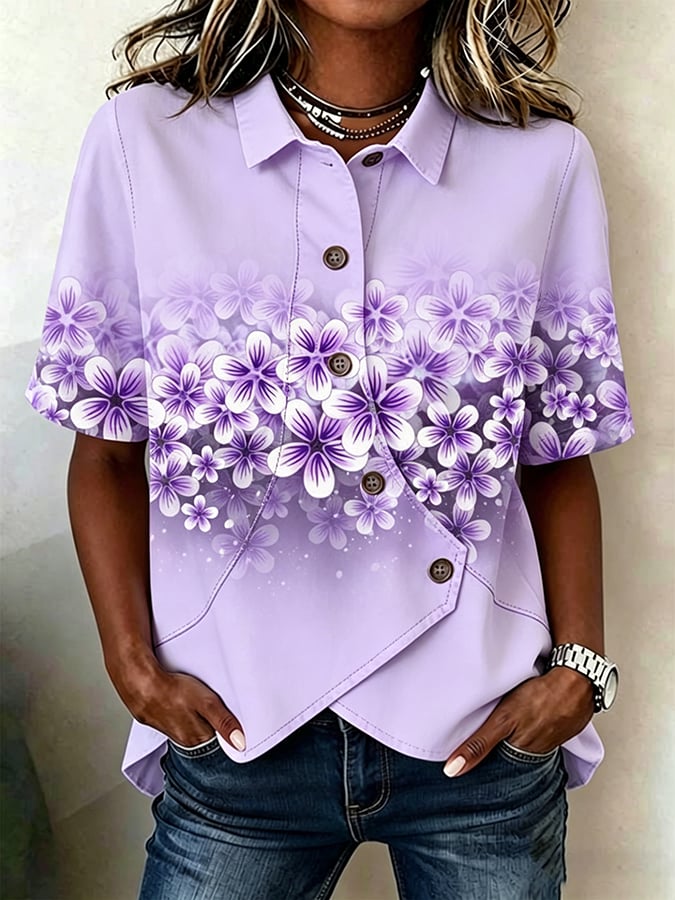 Women's Purple Floral Art Print Shirt