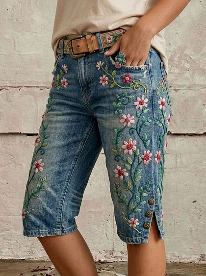 Retro Floral Print Vintage Casual Denim Short