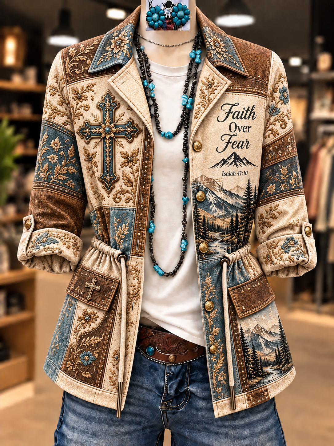 Women's Faith Art Print Long Sleeve Drawstring Waist Jacket