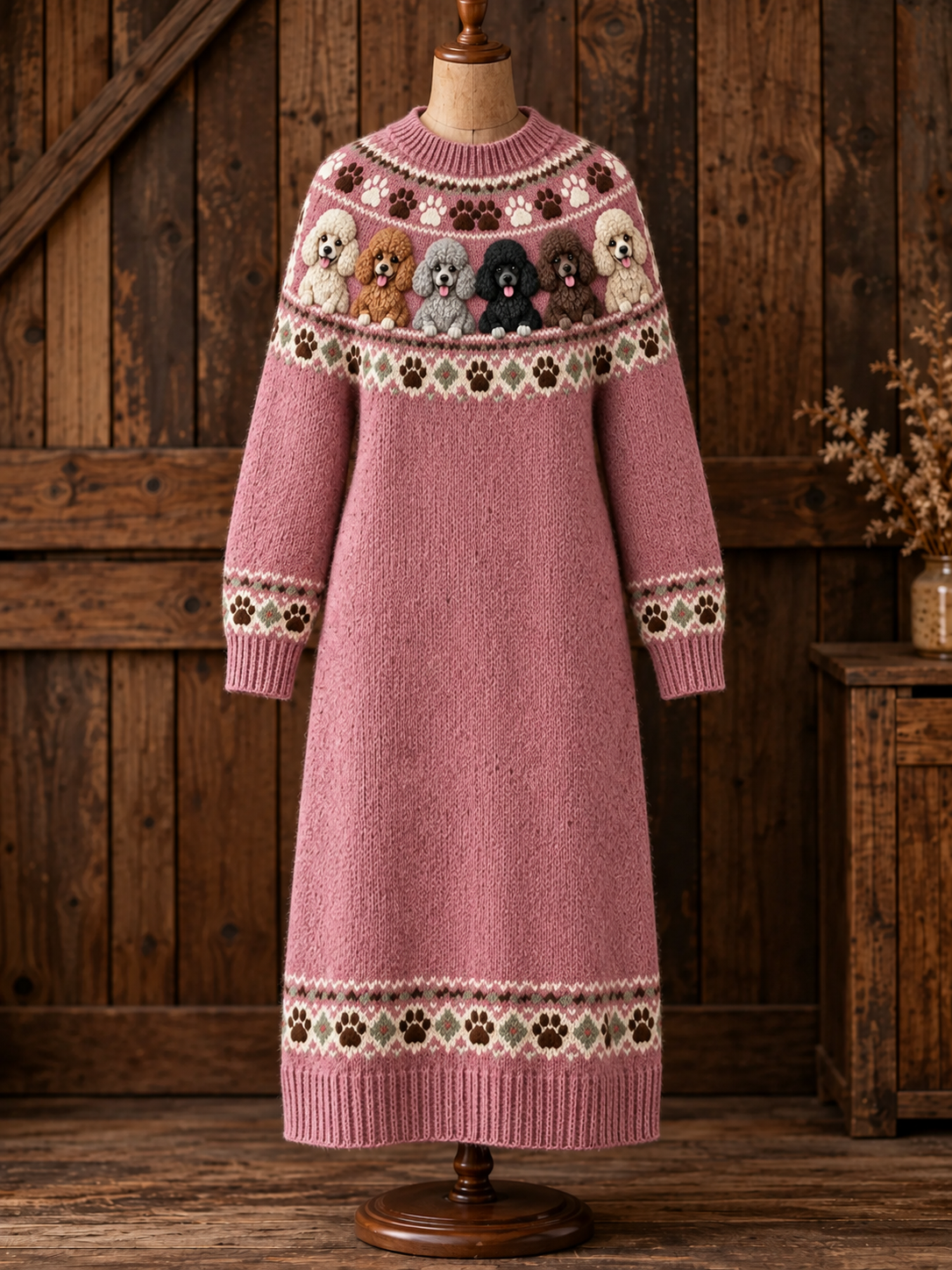 Cute Pets Vintage Round Neck Long-Sleeve Sweater Dress