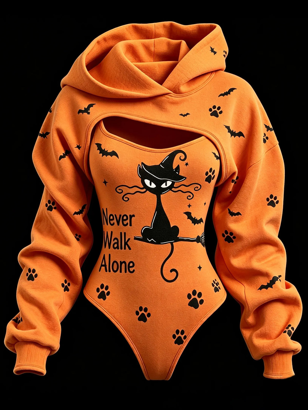 Women's Retro Halloween Black Cat Paw Bat Print Hoodie Two-piece Set