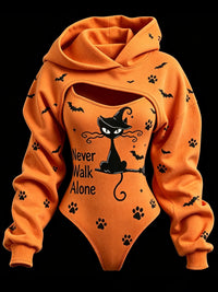 Women's Retro Halloween Black Cat Paw Bat Print Hoodie Two-piece Set
