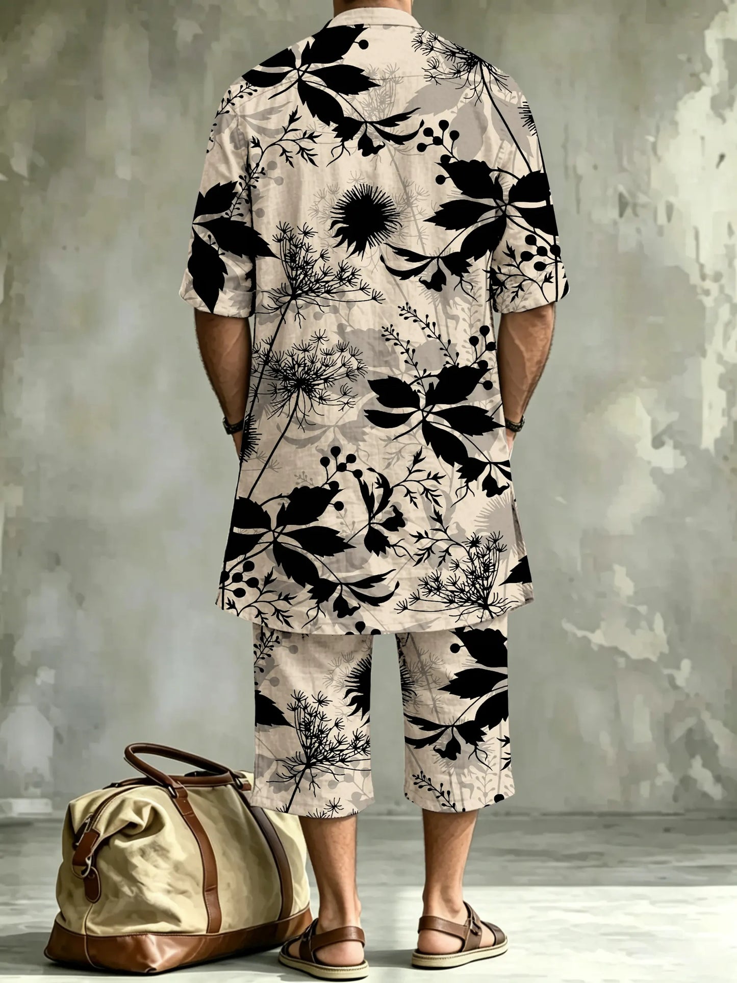 Men's Abstract Art Print Casual Henley Collar Short-sleeve Linen Top Shorts Two-piece Set