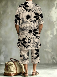 Men's Abstract Art Print Casual Henley Collar Short-sleeve Linen Top Shorts Two-piece Set