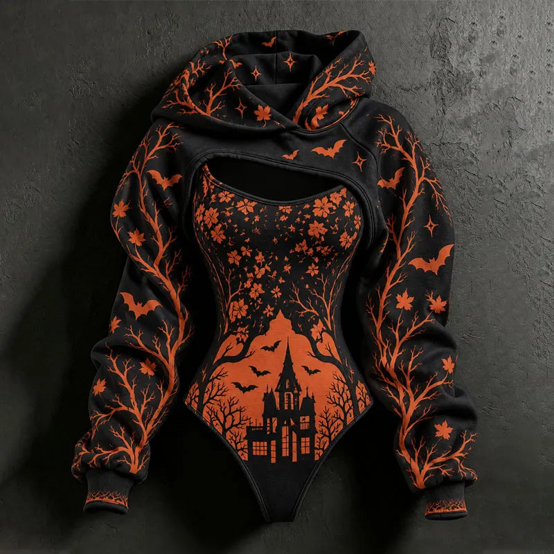Women's Halloween Gothic Style Plant Forest Deep Castle Print Pullover Sweatshirt Two-piece Set