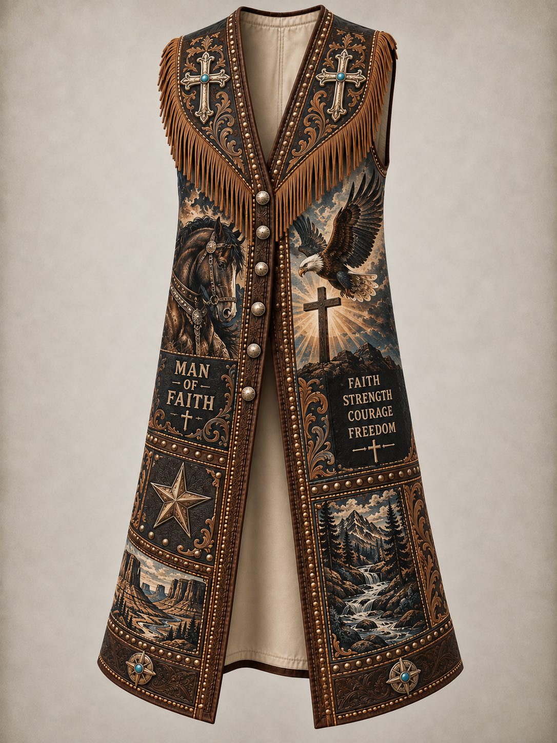 Western Style Faith Art Vintage Sleeveless Fringe Cowboy Jacket