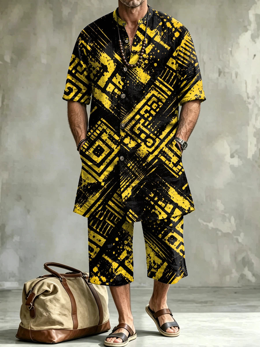 Men's Fashionable Abstract Geometric Stripe Print Casual Henley Collar Short-sleeve Linen Top Shorts Two-piece Set