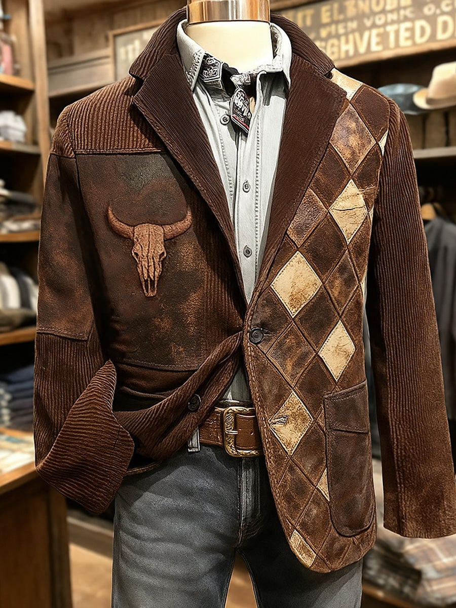 Men's Retro Western Style Bull Skull Print Casual Corduroy Pocket Blazers