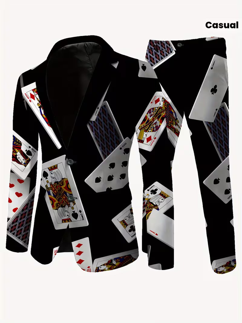 Men's Poker Card Art Print Casual Jacket Trousers Two-Piece Suits