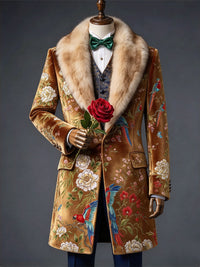 Men's Christmas Art Print Fur Shawl Collar Double Breasted Long Overcoat