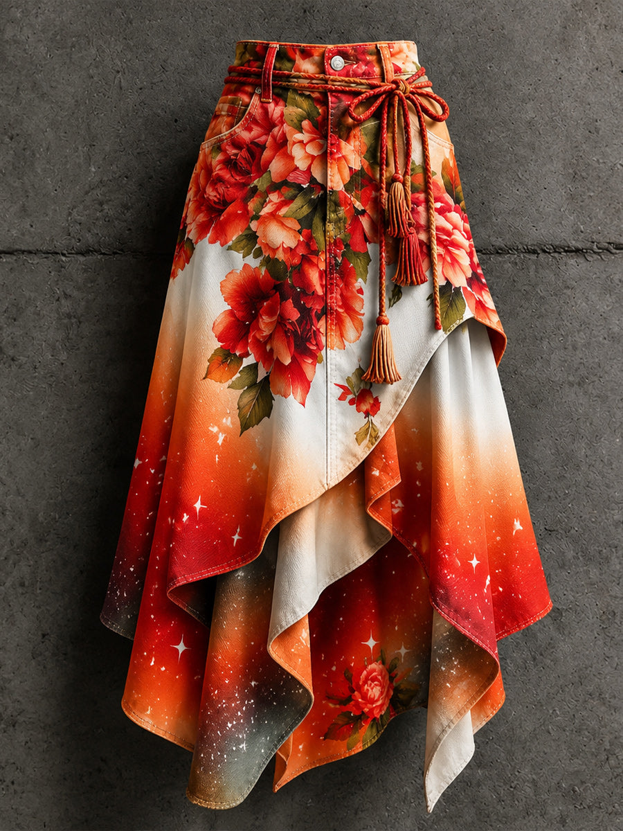 Women's Retro Style Art Print Irregularly Layered Stitched Skirt