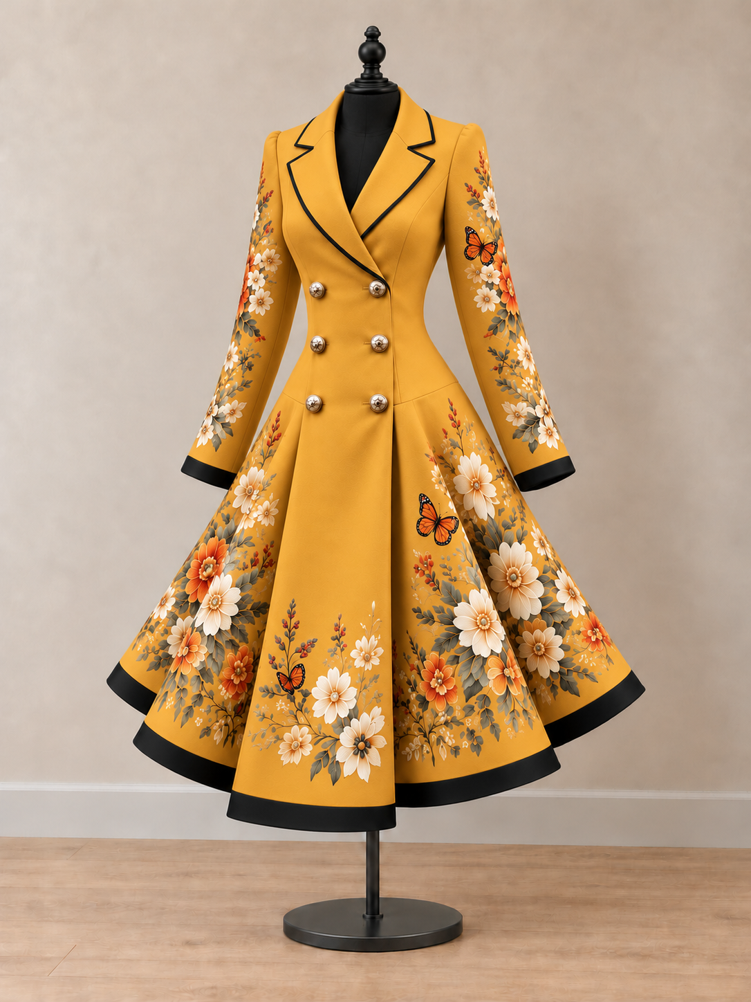 Women's Vintage Art Print Double-Breasted Fit and Flare Blazer Dress