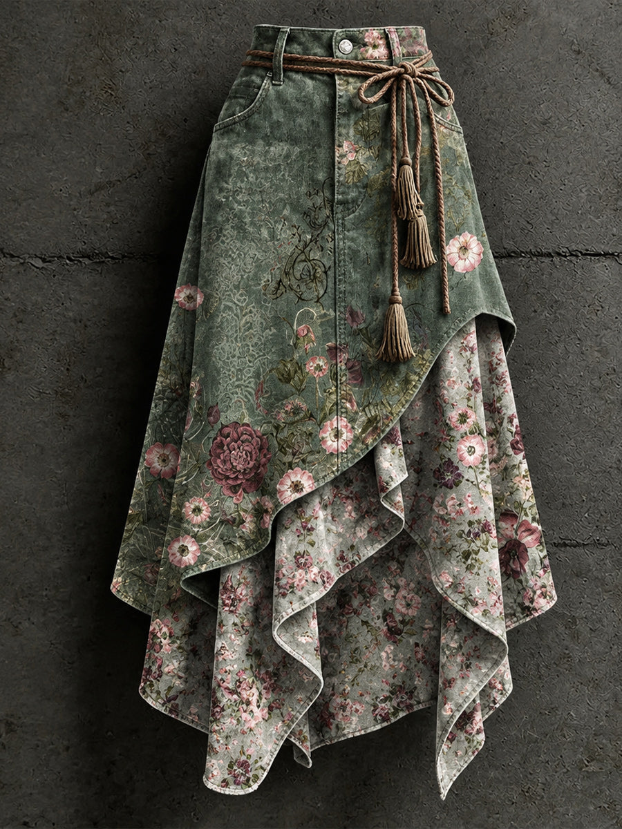 Women's Retro Style Art Print Irregularly Layered Stitched Skirt
