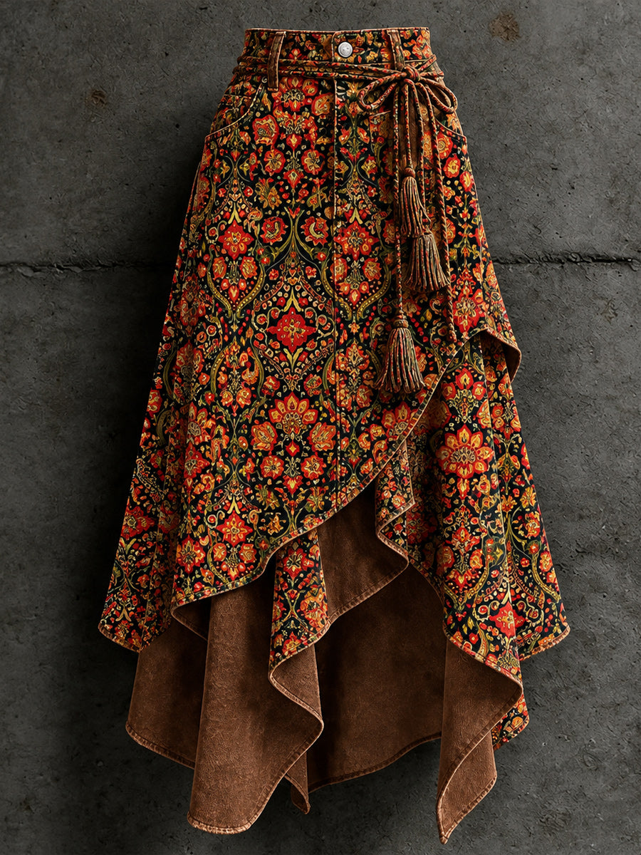 Women's Retro Style Art Print Irregularly Layered Stitched Skirt