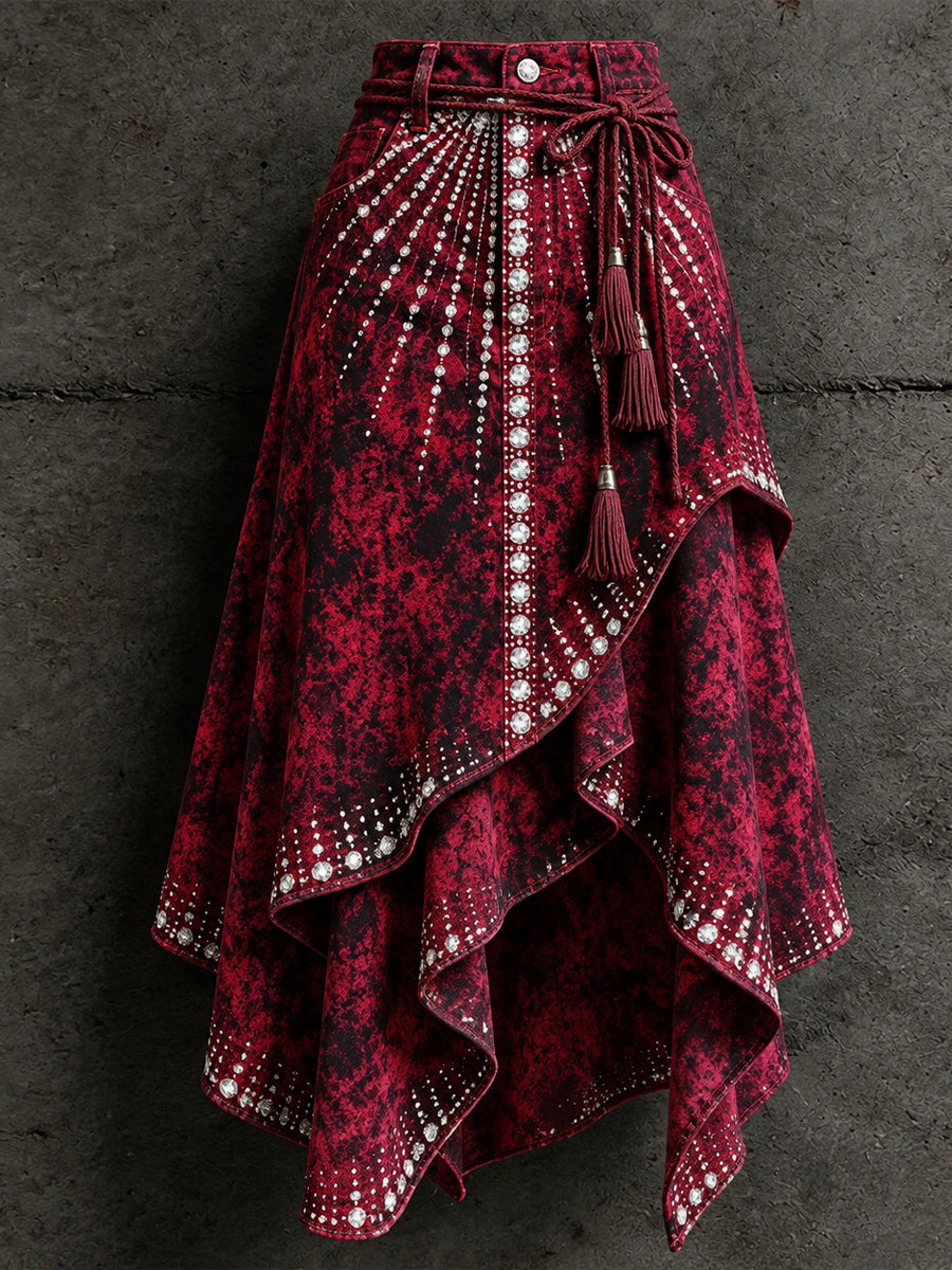 Women's Retro Style Art Print Irregularly Layered Stitched Skirt