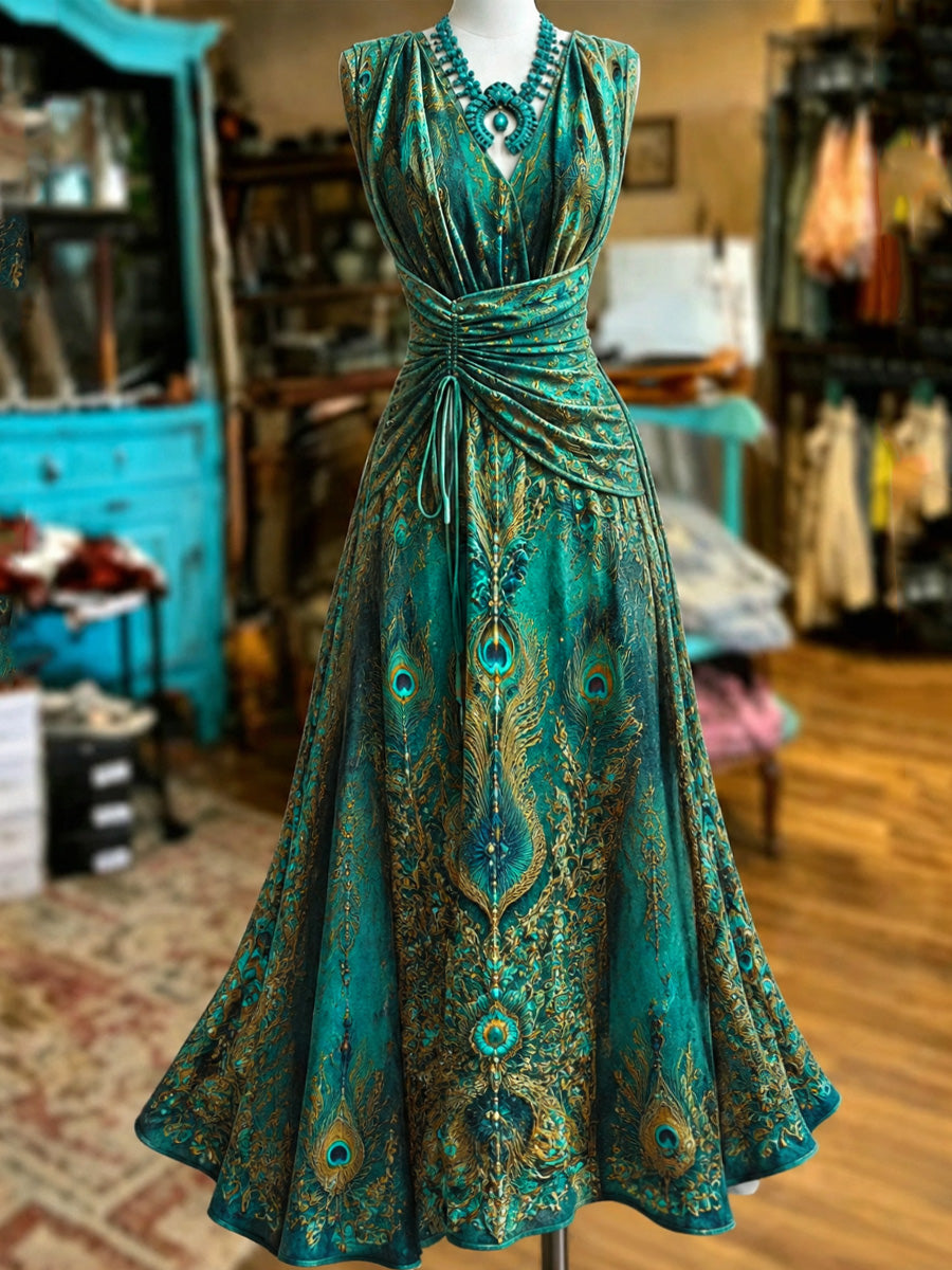 Retro Style Art Printed Elegant V-Neck Vintage Short-Sleeved Maxi Dress