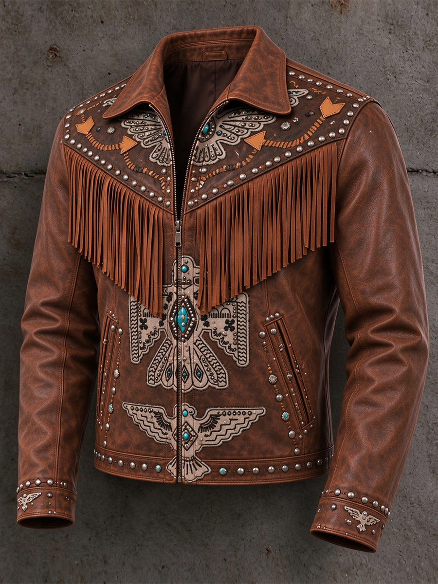 Men's Retro Style Art Print Western Vintage Tassel Casual Zipper Jacket