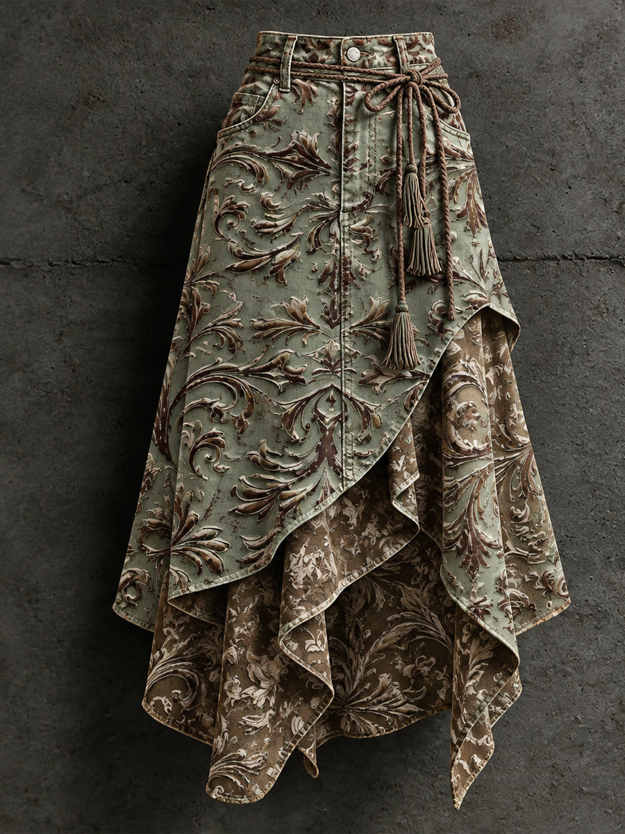 Women's Retro Style Art Print Irregularly Layered Stitched Skirt