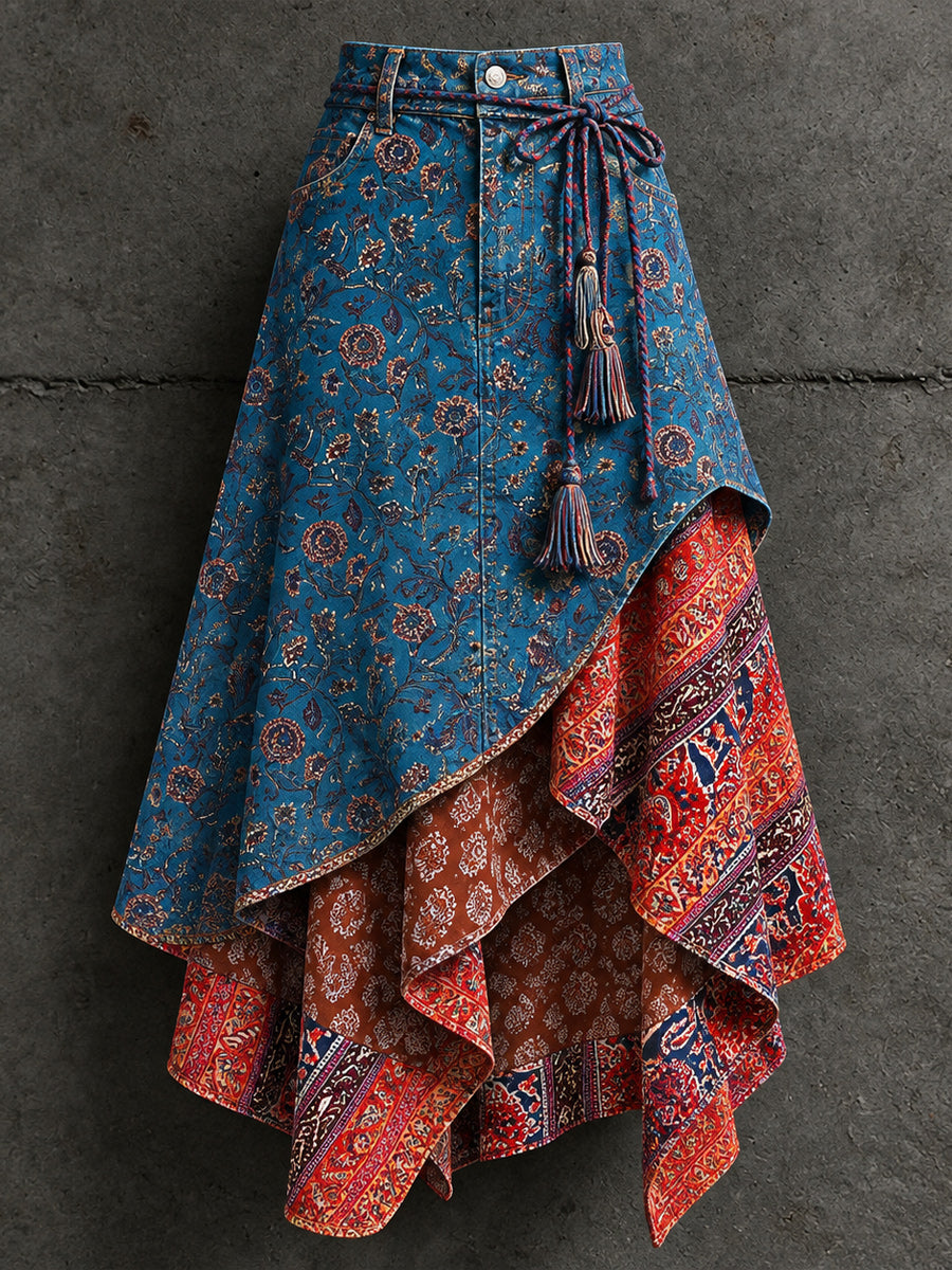 Women's Retro Style Art Print Irregularly Layered Stitched Skirt
