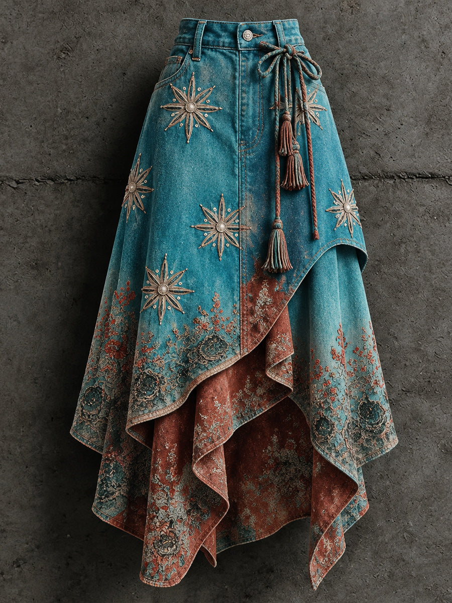 Women's Retro Style Art Print Irregularly Layered Stitched Skirt