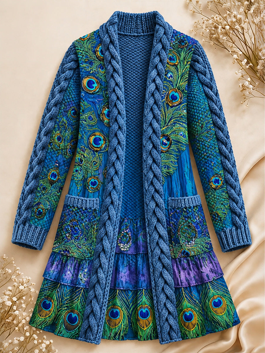 Retro Style Art Print Casual Pocket Mid-Length Knitted Cardigan Coat
