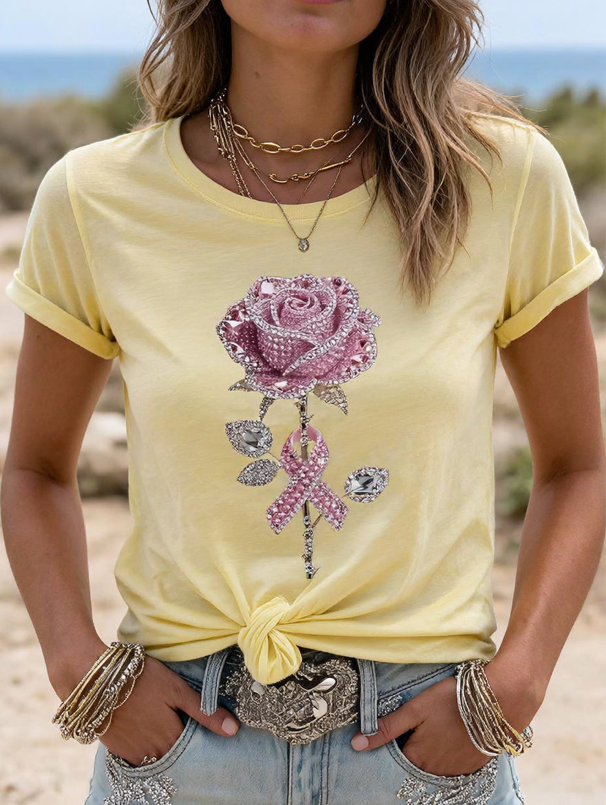 Women's Pink Rhinestone Rose And Awareness Ribbon Print T-Shirt