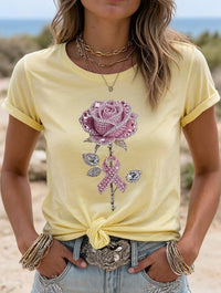 Women's Pink Rhinestone Rose And Awareness Ribbon Print T-Shirt
