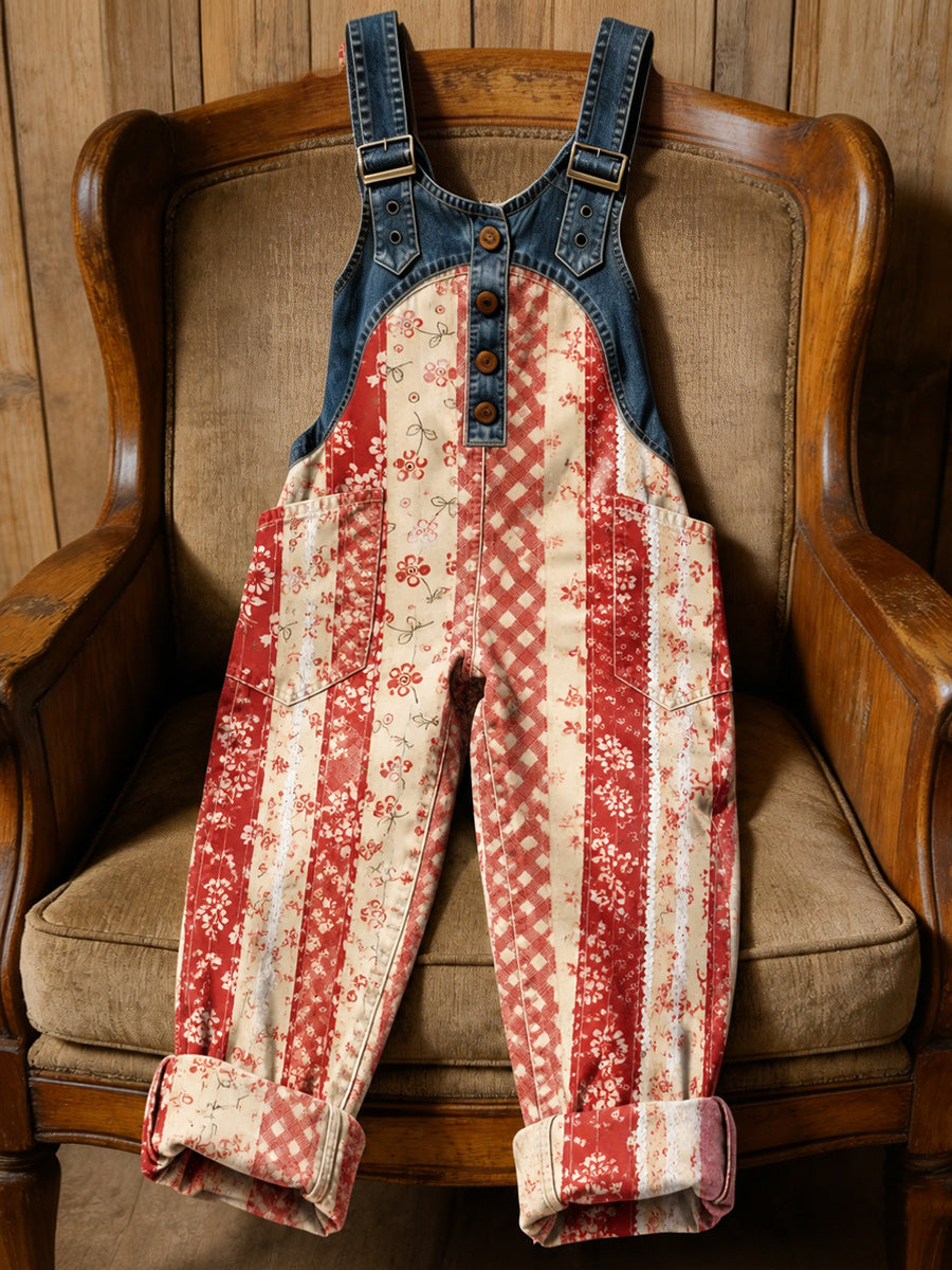 Women's Retro Style Art Print Washed Cotton Denim Patchwork Jumpsuit
