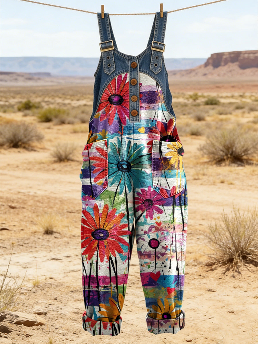Women's Retro Floral Color-Blocked Art Print Washed Cotton Denim Patchwork Jumpsuit